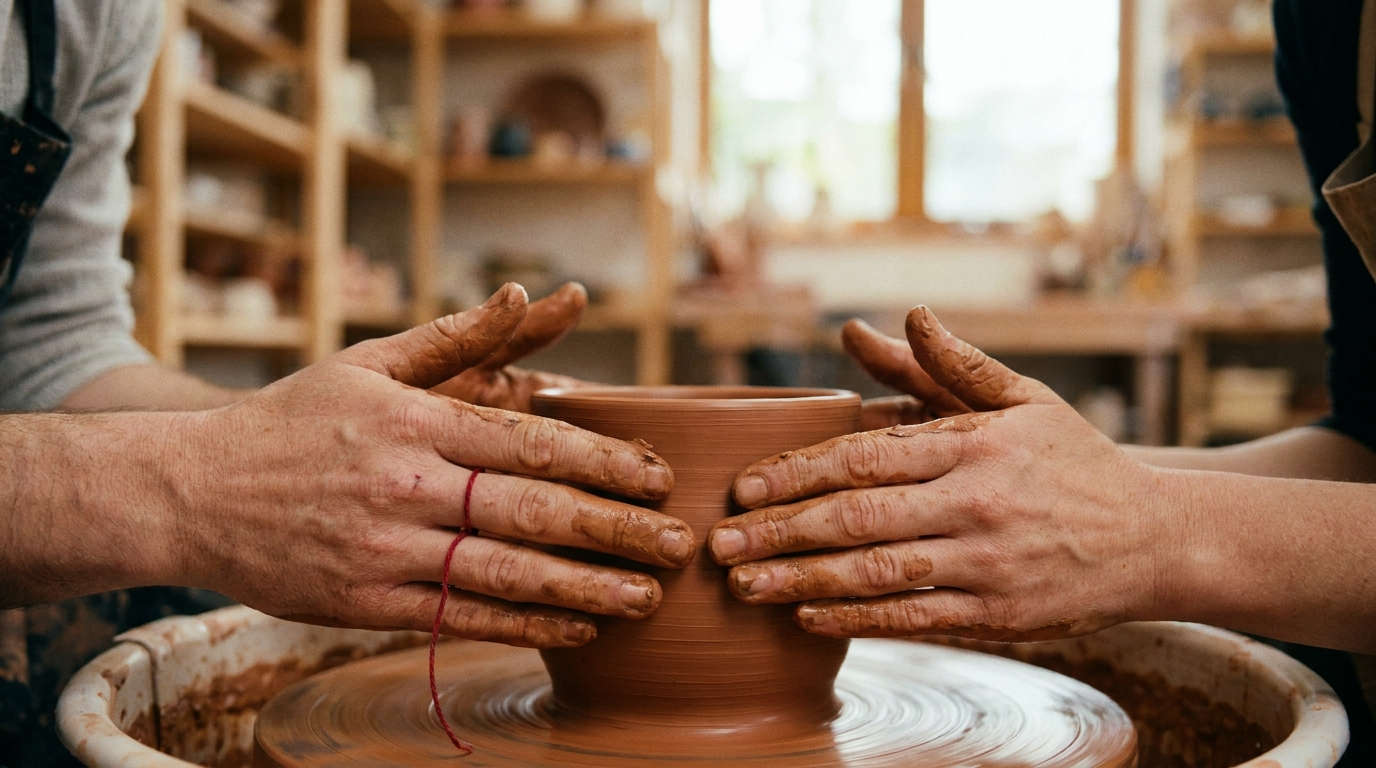 Two hands shaping raw clay on a spinning potter's wheel, a metaphor for creativity as a trainable skill rather than an inborn gift
