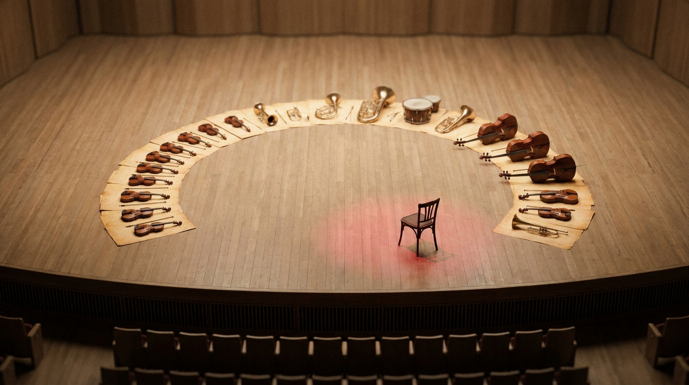 Overhead view of an orchestra arranged in an arc with one chair out of formation, illustrating psychological safety and creativity in teams