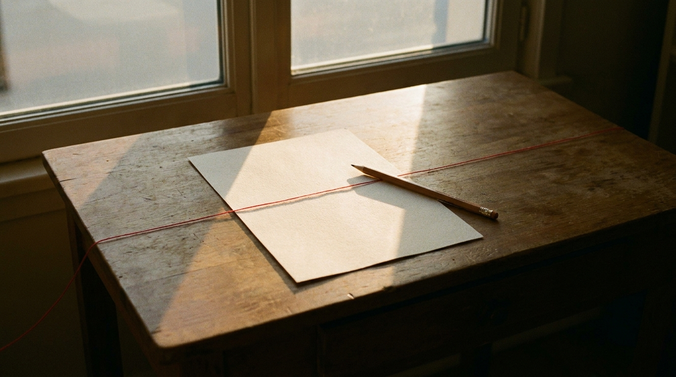 An empty desk at dawn lit by a single shaft of light with a sheet of paper and a sharpened pencil, representing creating on demand