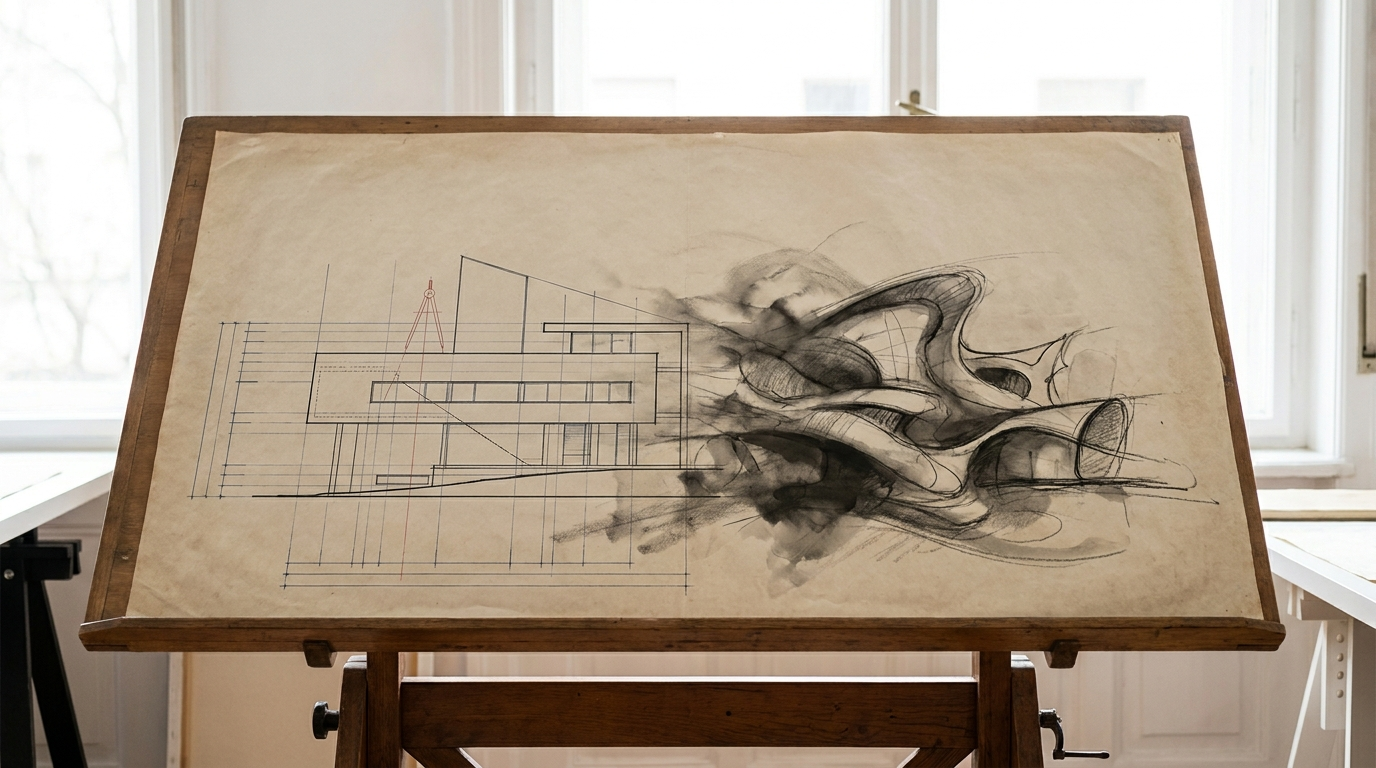 An architectural blueprint dissolving at one edge into a loose ink sketch, showing analytical and creative thinking as partners not opposites