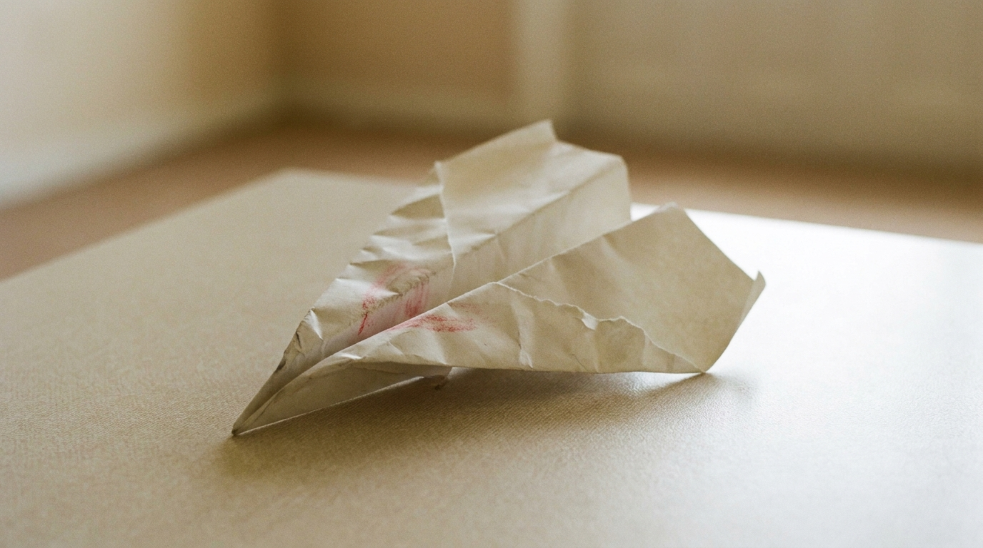 A crumpled paper aeroplane with a bent torn wing and a faint red scuff at the point of impact, illustrating a premortem imagining failure in advance